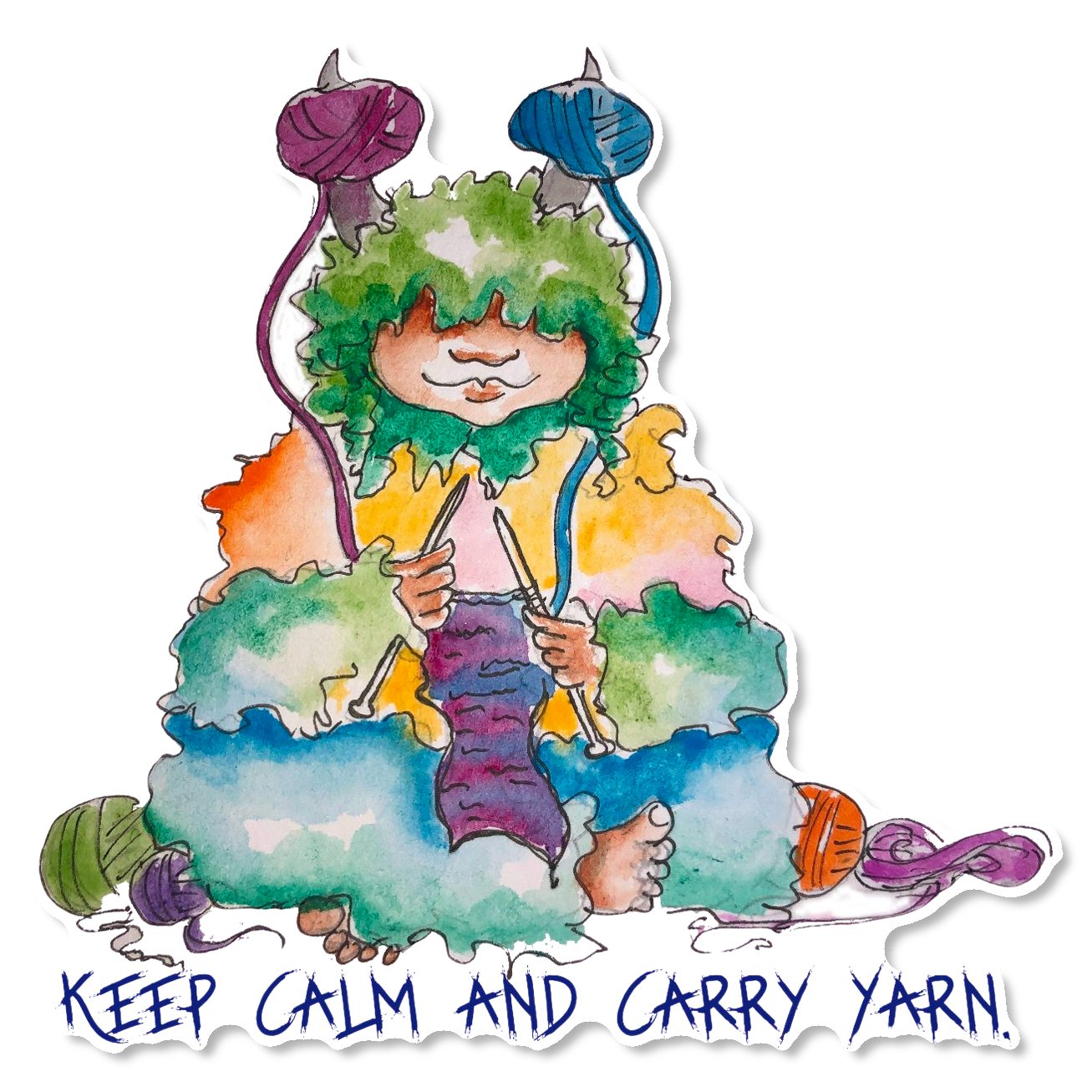 'Keep Calm and Carry Yarn' die-cut wool monster sticker on a white background.