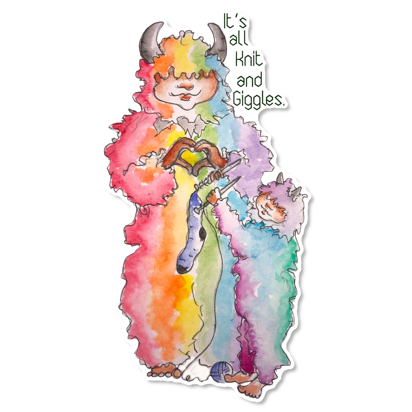 'It's All Knit and Giggles' die-cut wool monster sticker on a white background.