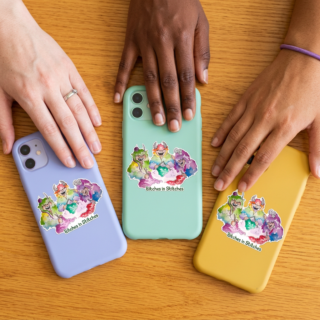 'Bitches in Stitches' three wool monsters knitting sticker shown on phone cases.