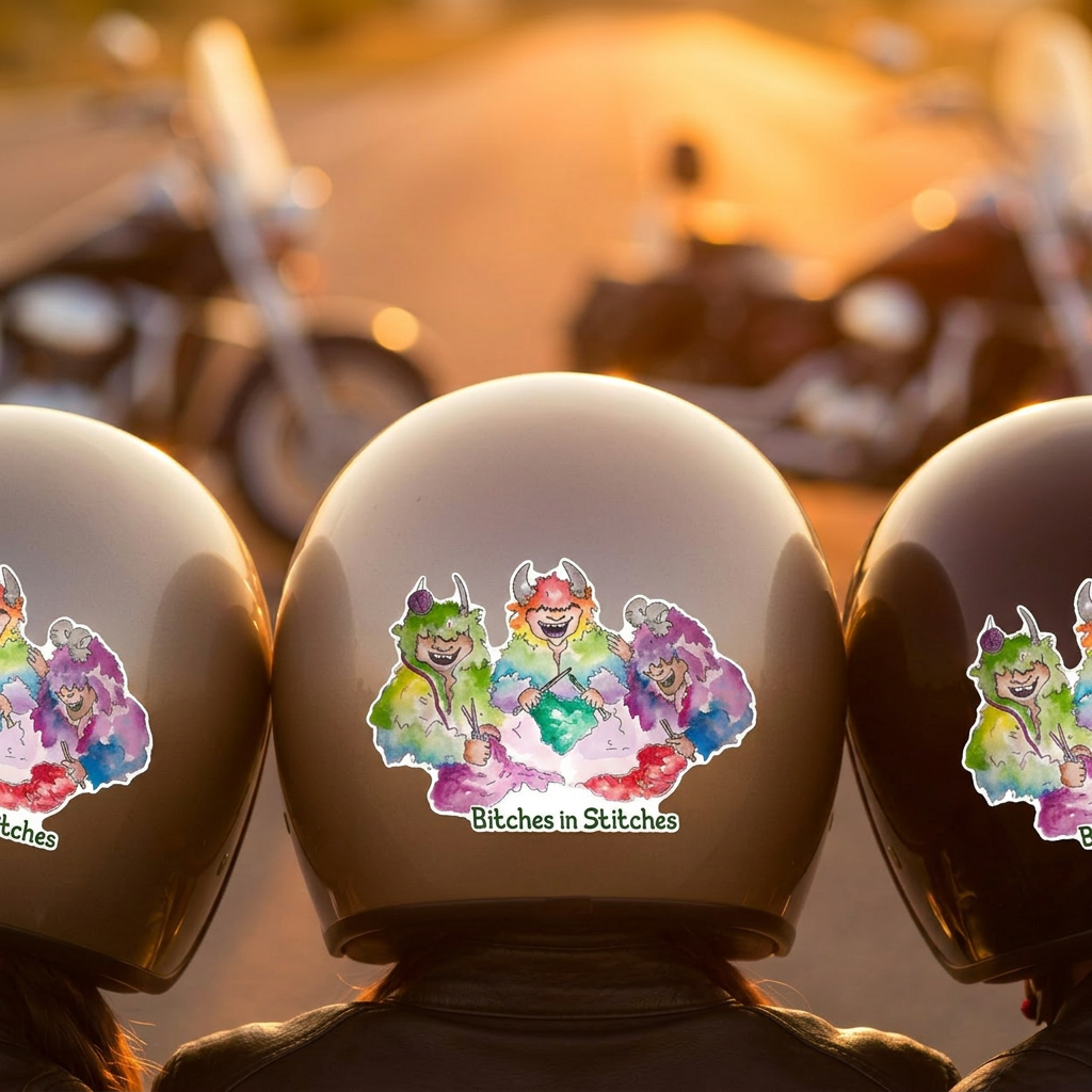 'Bitches in Stitches' wool monster knitting sticker shown on a motorcycle helmet.