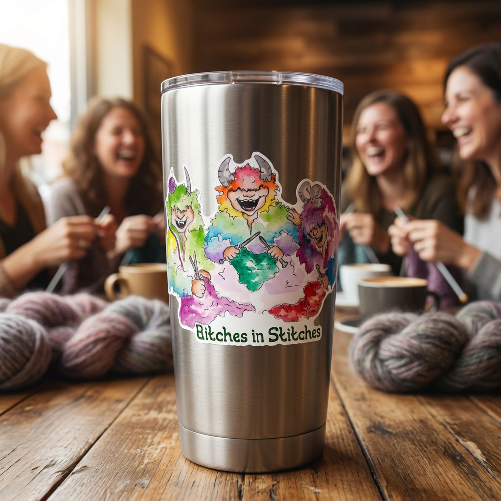 'Bitches in Stitches' hand-painted watercolor sticker — three wool monsters giggling as they knit and crochet together.