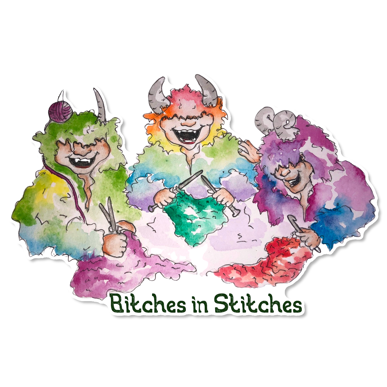 'Bitches in Stitches' die-cut wool monster sticker on a white background.