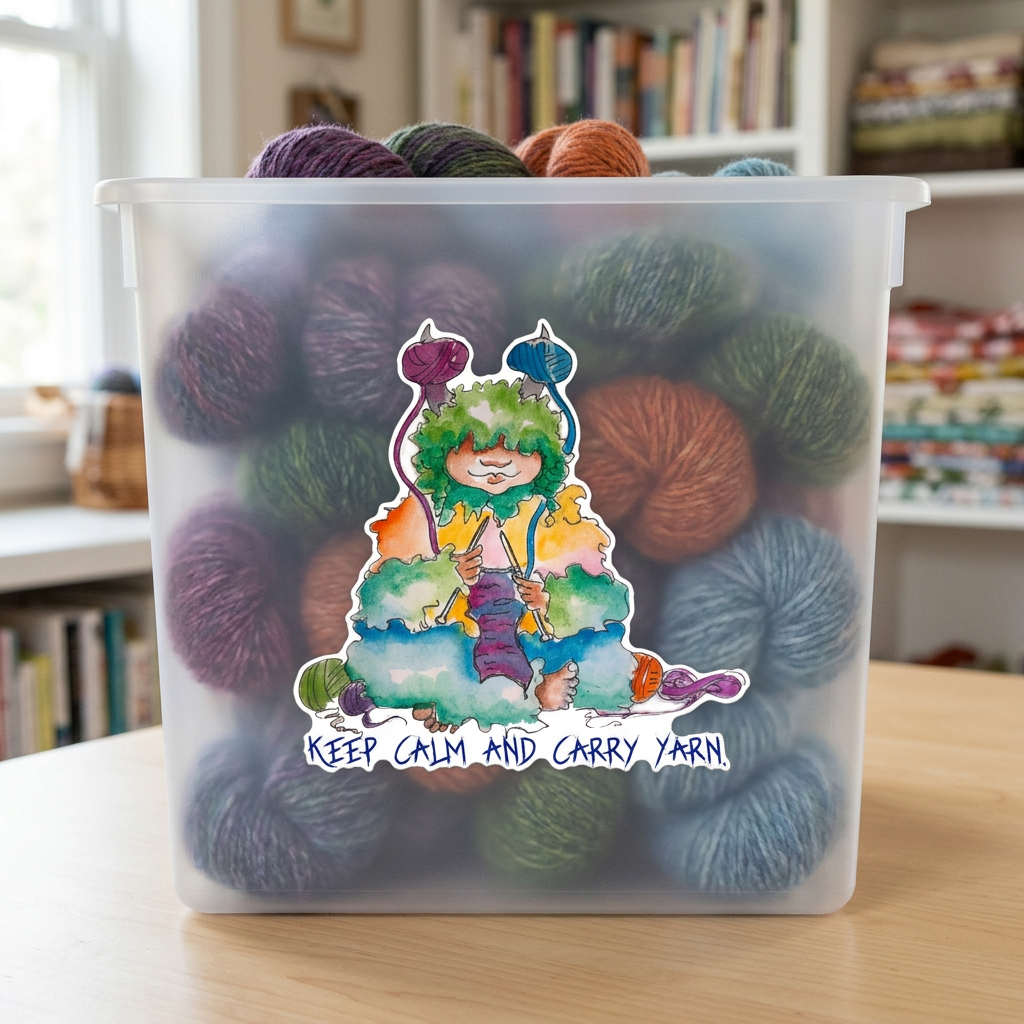 'Keep Calm and Carry Yarn' hand-painted watercolor sticker — a serene wool monster knitting with a ball of yarn balanced on each horn.