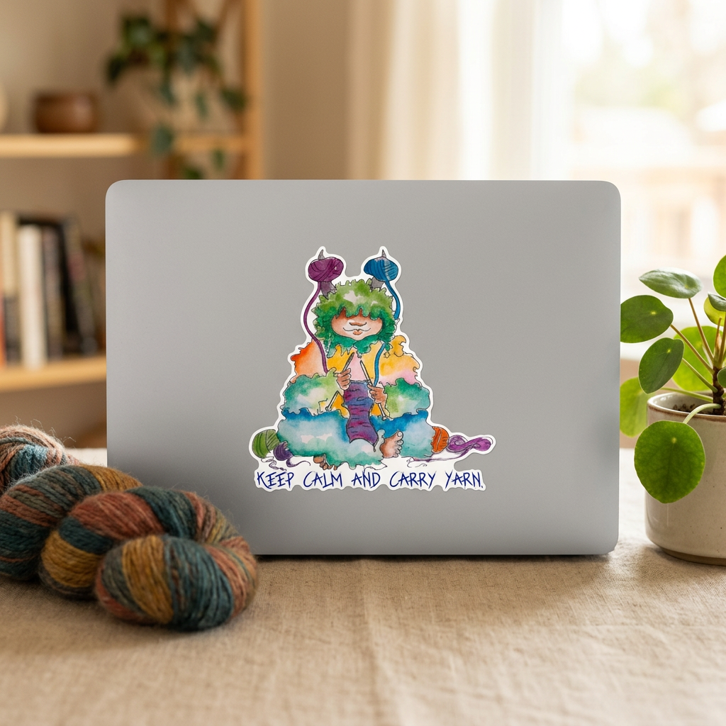 'Keep Calm and Carry Yarn' wool monster knitting sticker shown on a laptop.