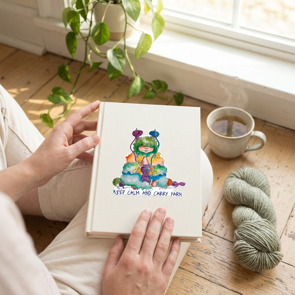 'Keep Calm and Carry Yarn' hand-painted wool monster knitting sticker.