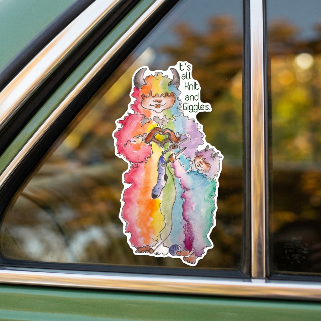 'It's All Knit and Giggles' rainbow wool monster knitting sticker.