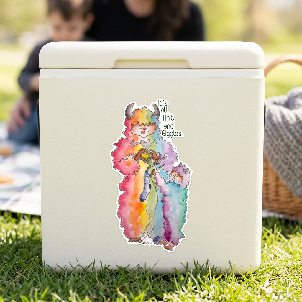 'It's All Knit and Giggles' rainbow wool monster knitting sticker shown on a cooler.