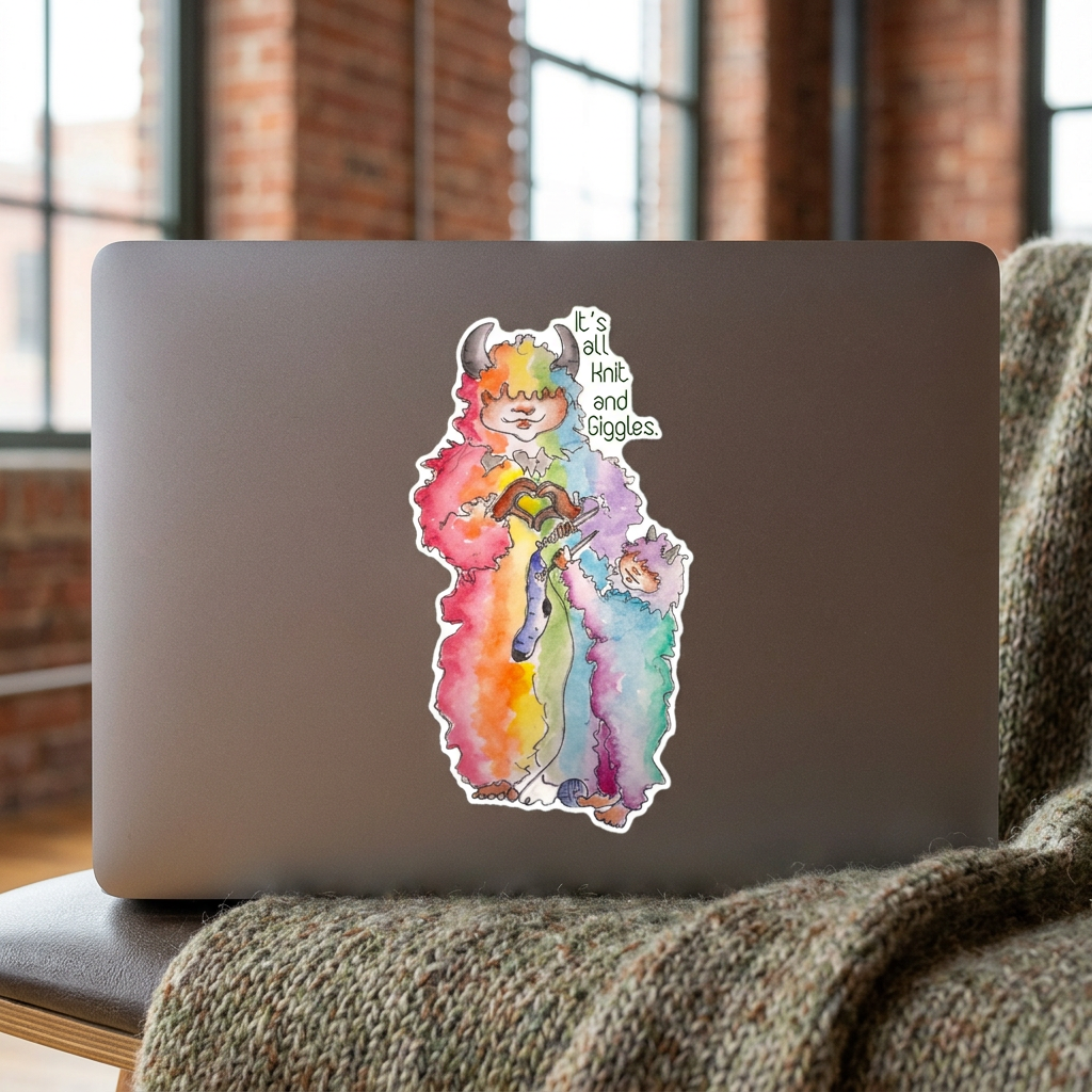 'It's All Knit and Giggles' rainbow wool monster knitting sticker shown on a laptop.