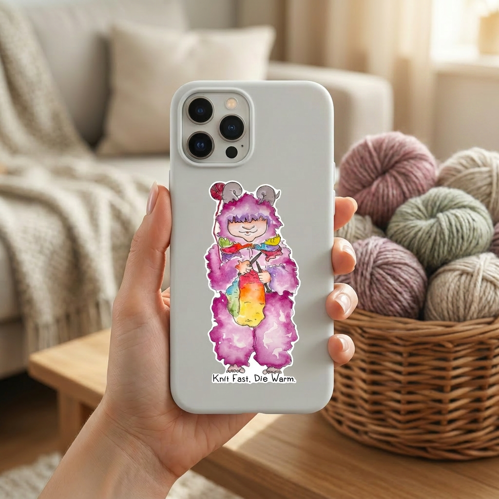 Knit Fast, Die Warm — Hand-Painted Wool Monster Sticker