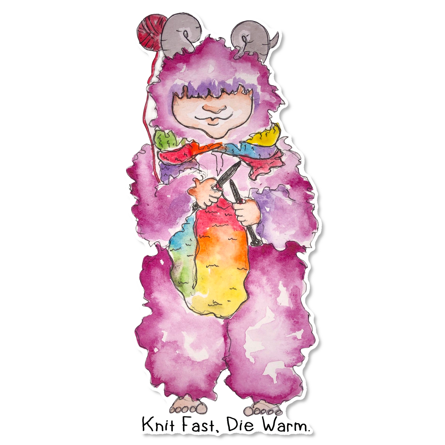 Knit Fast, Die Warm — Hand-Painted Wool Monster Sticker